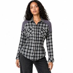 Free People Women Black Catch Up With Me Plaid Pleated Shirt M Grunge 90s Rustic